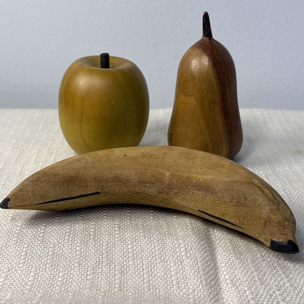 Vintage Hand Carved Wood Apple Banana Pear Fruit Sculpture Costs Rica